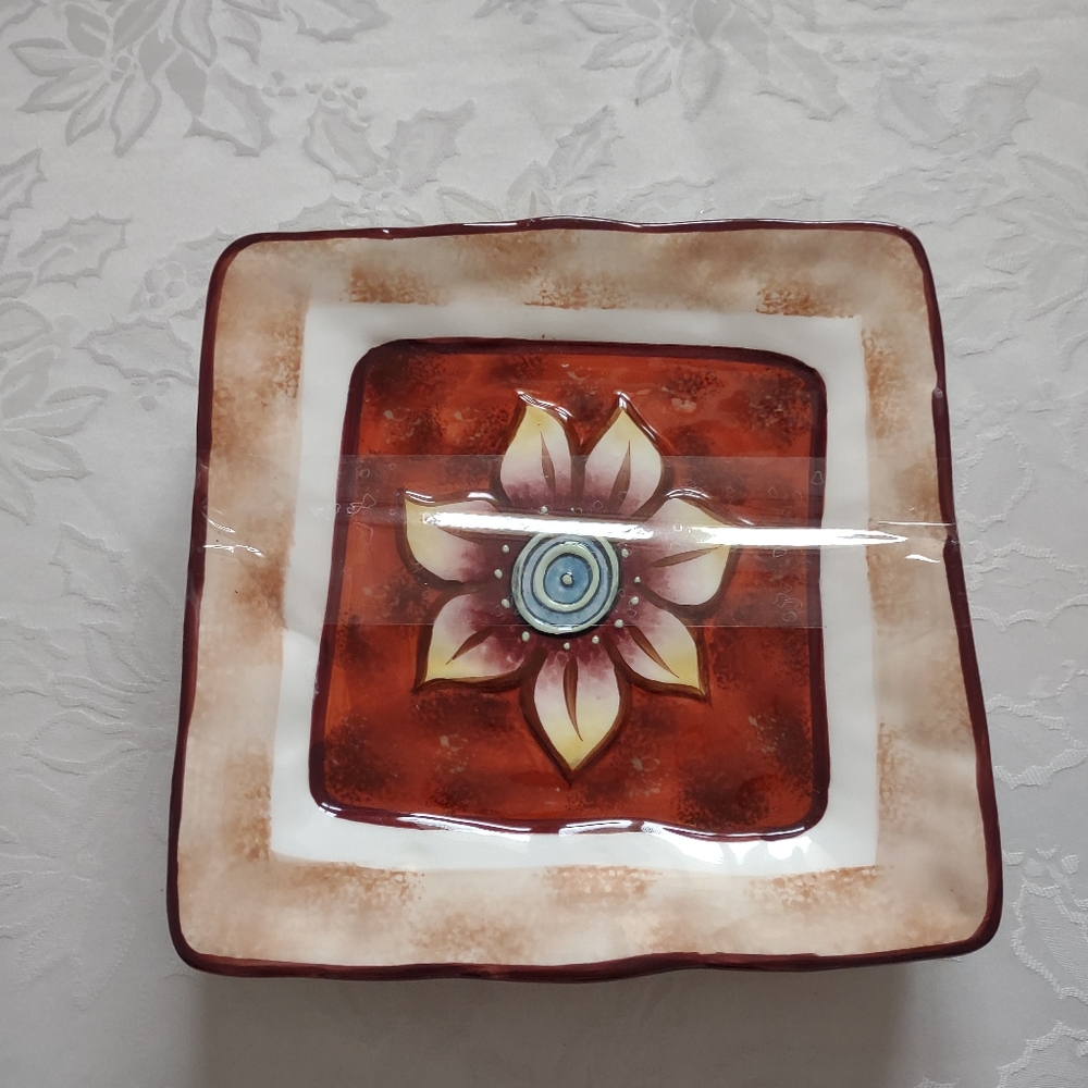 2 plates Square Bella Casa by Ganz Flower Hand painted Ceramic